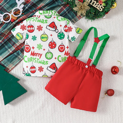 2-Piece Christmas Outfits! Boy’s Short Sleeve Onesie, Shorts, Bow-Tie & Hat Sets