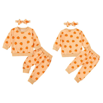 3-Piece Halloween Outfits! Girl’s Long Sleeve Pumpkin Sweatshirt, Pants & Headband Sets