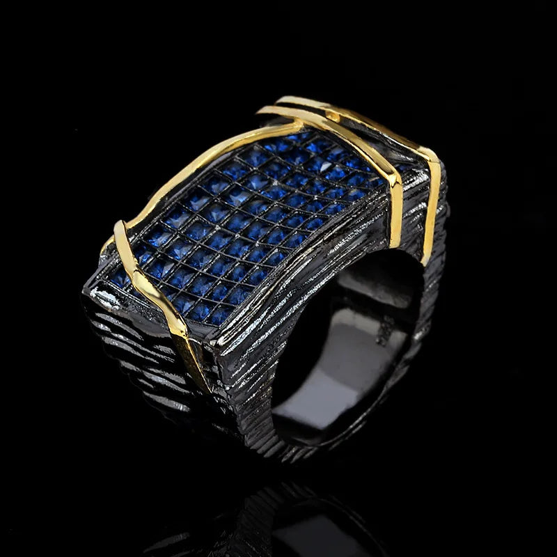 Blue Zircon Men's Black & Gold Rings