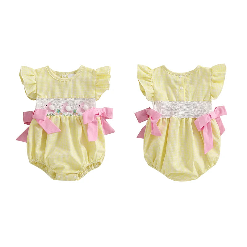 Girl's Fuzzy Bunny Tail Embroidered Solid & Plaid Easter Bow Rompers