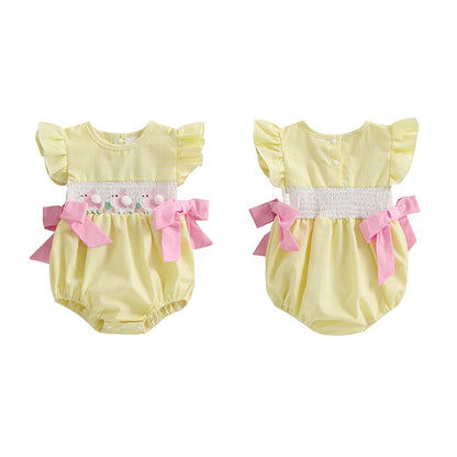 Girl's Fuzzy Bunny Tail Embroidered Solid & Plaid Easter Bow Rompers