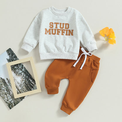 2-Piece Fall / Winter Outfits! Boy's "Stud Muffin" Letter Print Sweatshirt & Pants Sets