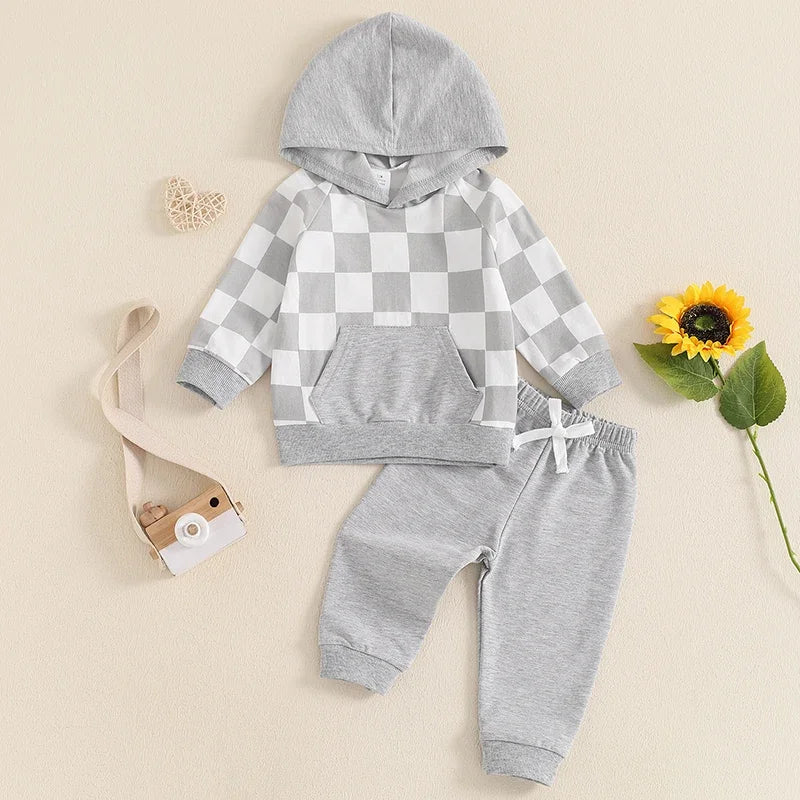 Boy's 2-Piece Hooded Checkerboard Sweatshirt & Pants Sets