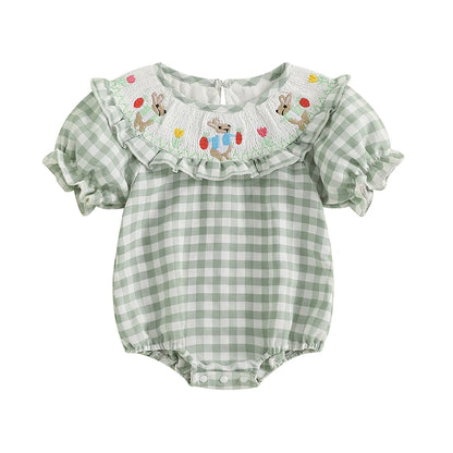 Girl's Plaid Easter Bunny Carrot Shirred Rompers