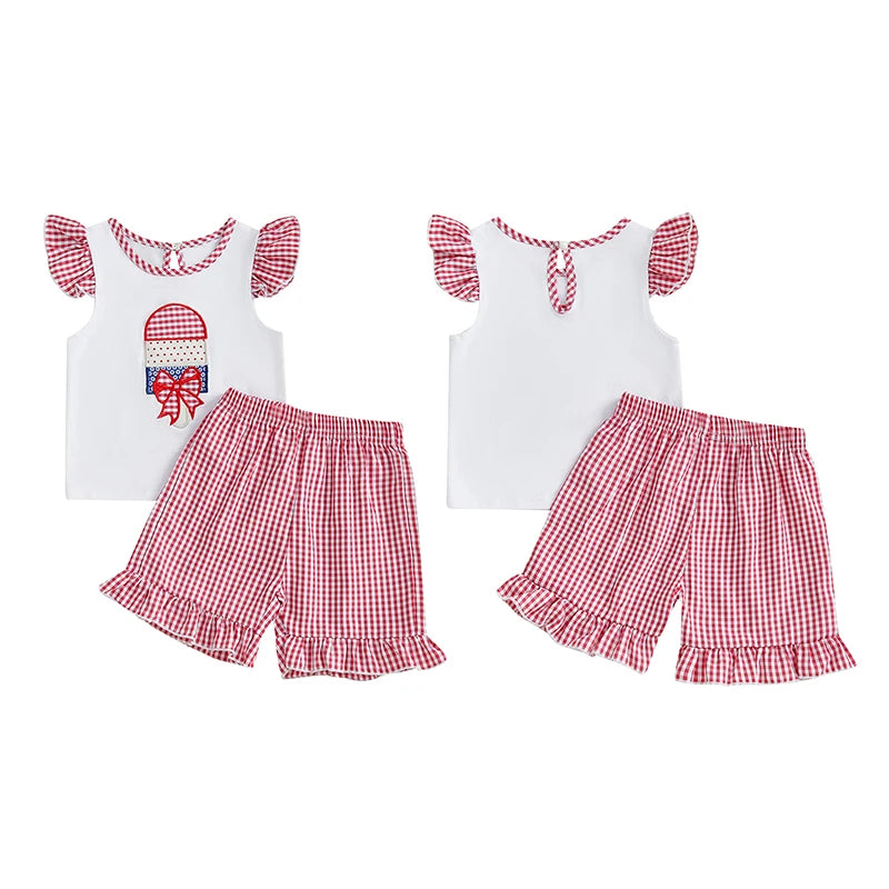 Girl's 2-Piece Embroidered 4th of July Fly Sleeve Popsicle Top & Plaid Shorts Sets