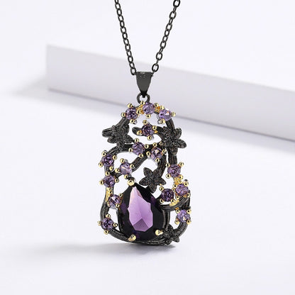 Elegant 3-piece Black & Gold Series Jewelry Set with Purple Zircon Flowers