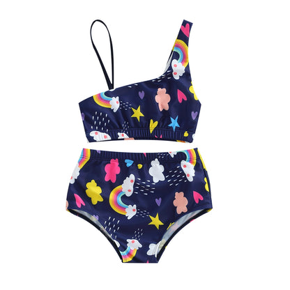 Kids Girls Swimsuits Rainbow Print Sleeveless Crop Tops Briefs Bathing Suit Swimwear Clothes