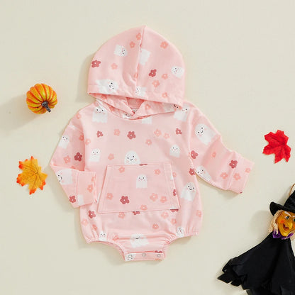 Halloween Onesies! Girl’s Long Sleeve Ghost Flower Hooded Onesies