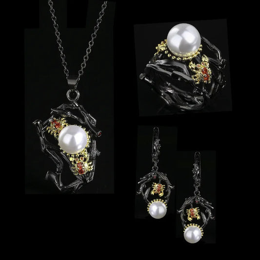 3-Piece Crab Pearl Black & Gold Style Rings, Necklace & Earrings Sets