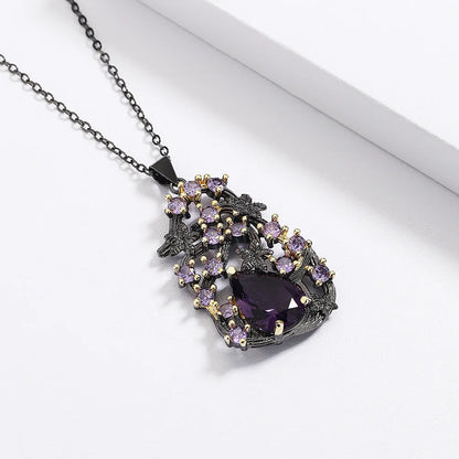 Purple Zircon Pendant Chain Black & Gold Style Purple Flower Necklace Personalized