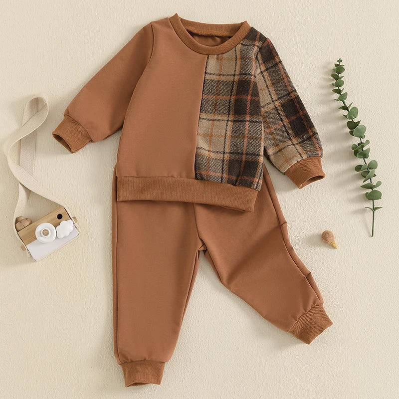 2-piece Fall Sets! Boy's Country Flannel Panel Sweatshirts & Sweatpants