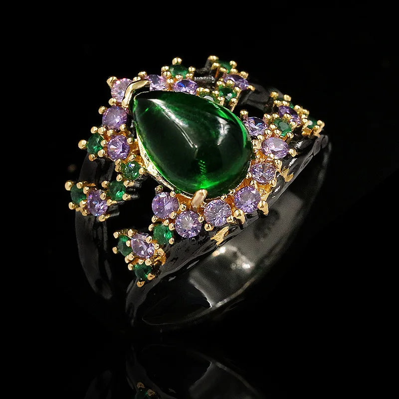 Elegant Amethyst & Emerald Zircon Black & Gold Series Rings