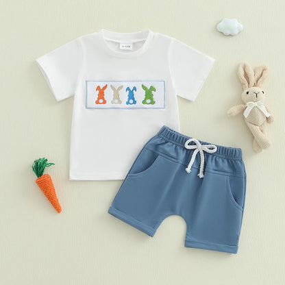 Boy's 2-Piece Embroidered "Mama's Boy" & Easter Bunny T-Shirt & Shorts Sets