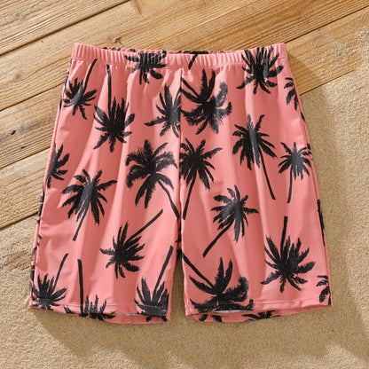 Family Matching! Pink Palm Tree One Piece Swimsuits & Trunks
