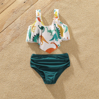 Family Matching! Swimsuit  Multicolor Dinosaur Swim Trunks Shorts and Ruffle Two Piece Bikini Swimsuit