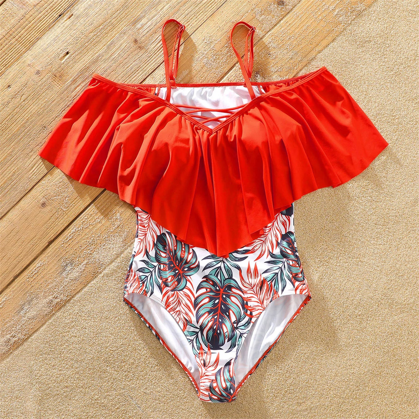 Family Matching! Swimsuit Allover Tropical Plants Print Swim Trunks Shorts & Spaghetti Strap Ruffle One-Piece Swimsuit