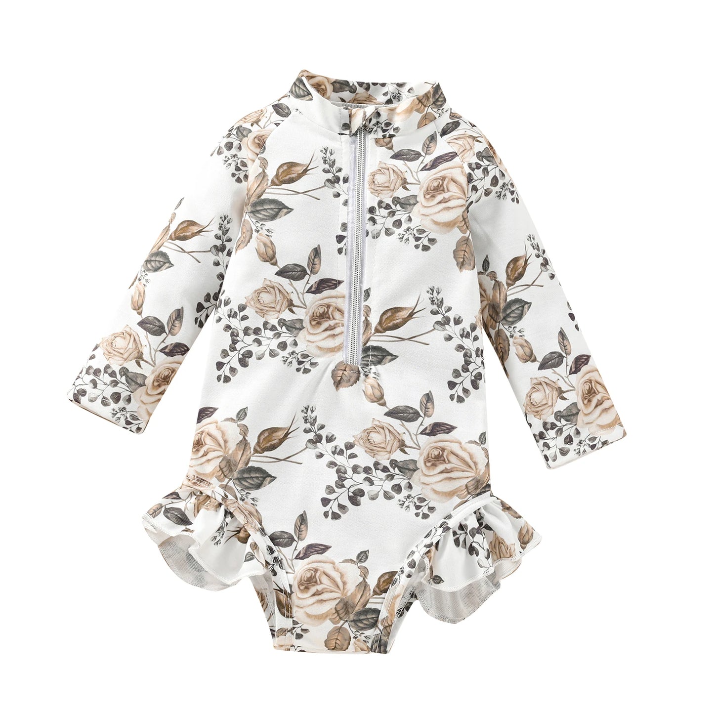 Toddler Baby Girl Swimsuits Floral Print Long Sleeve Zipper Ruffle Jumpsuit Swimwear Beachwear Bathing Suit