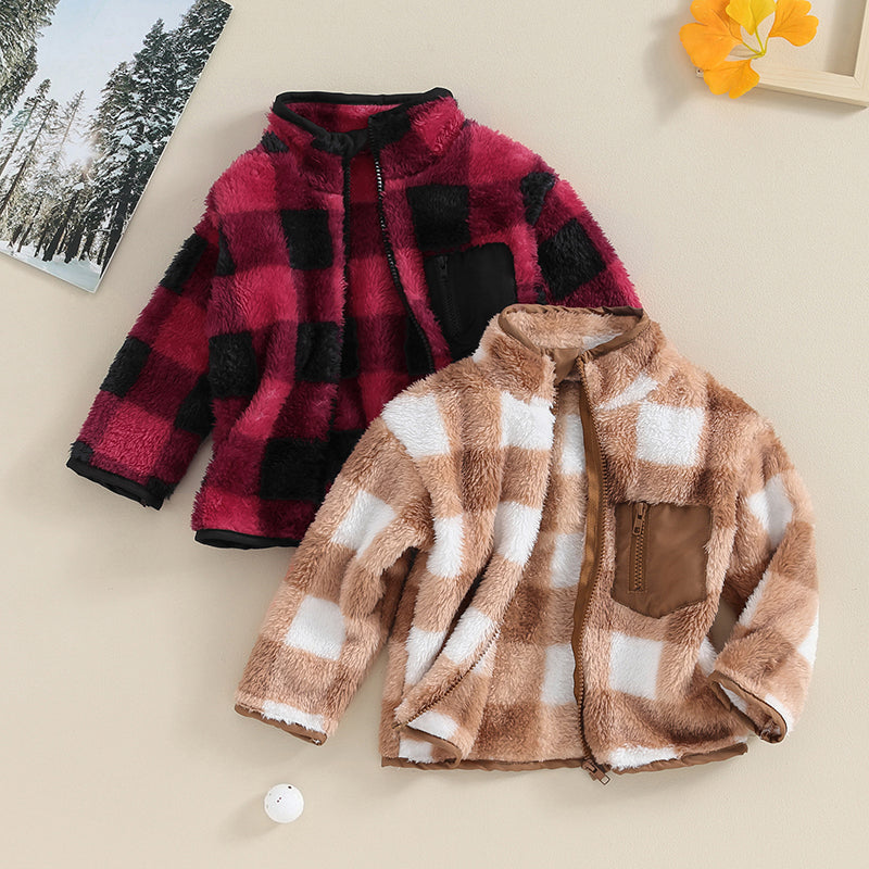 Boy's & Girl's Fuzzy Fleece Plaid Zip Jackets