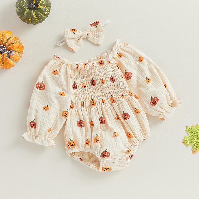 2-Piece Halloween Outfits! Girl's Off-Shoulder Ruched Pumpkin Onesies & Matching Bow Headband Sets