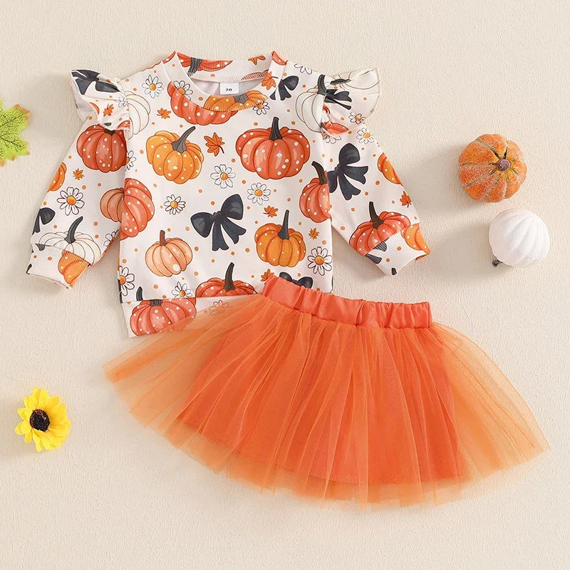 2-Piece Halloween Outfits! Girl’s Long Sleeve Pumpkin Sweatshirt Romper & Skirt Sets