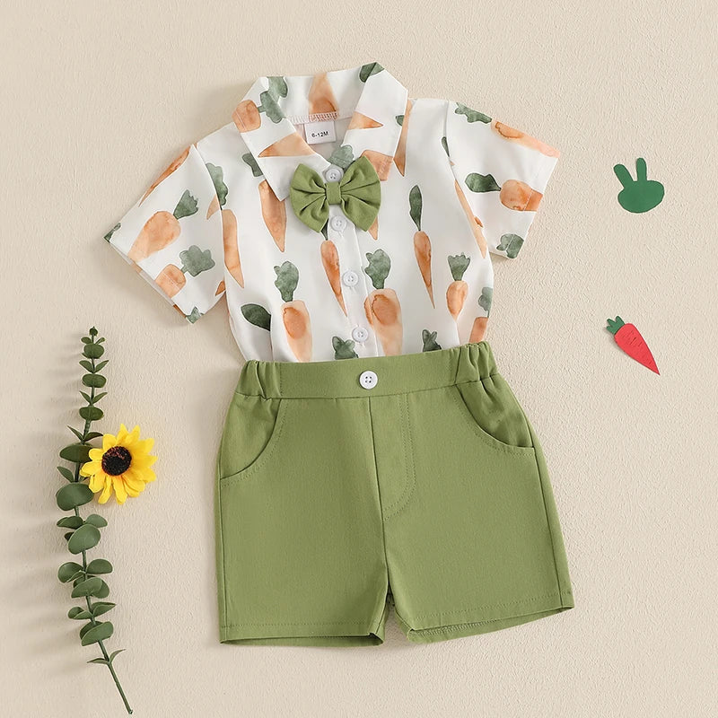 Boy's Easter Carrot Button-up Bow Tie Shirt & Shorts