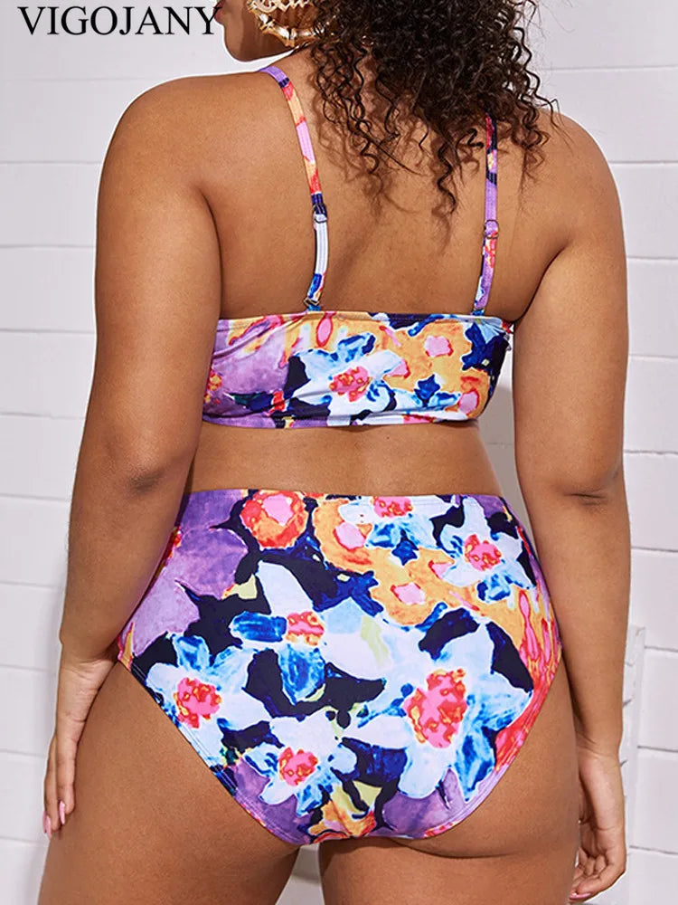 Print Strapped 2 Piece Plus Bikini SetHigh Waist Push Up Swimsuit Summer Bathing Suit