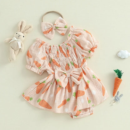 Girl's Easter Bunny Smocked Puff Sleeve Romper Dresses & Bow Headband Sets