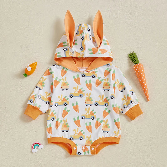 Boy's Hooded Easter Bunny Ears Long Sleeve Romper