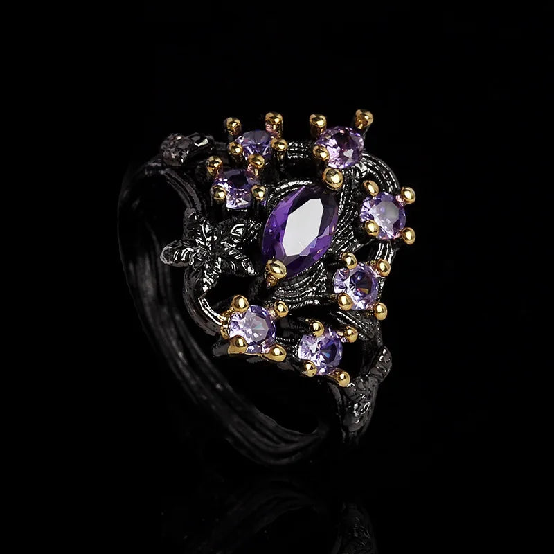 Purple Zircon Black & Gold Style Flower Rings