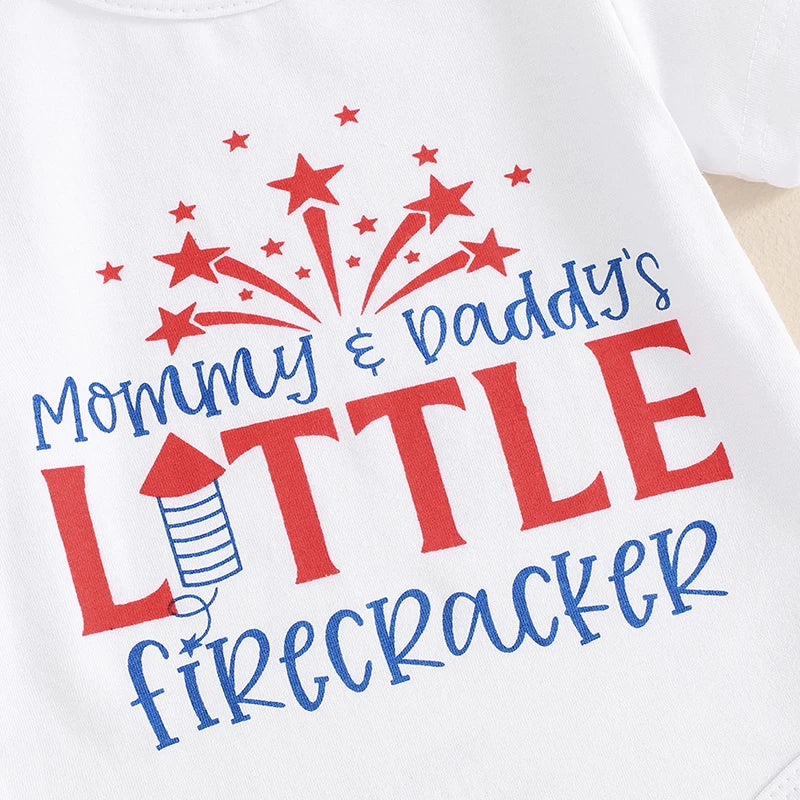 Girl's 3-Piece "Mommy & Daddy's Little Firecracker" 4th of July Onesie, Tie-Dye Pants & Bow Headband Sets