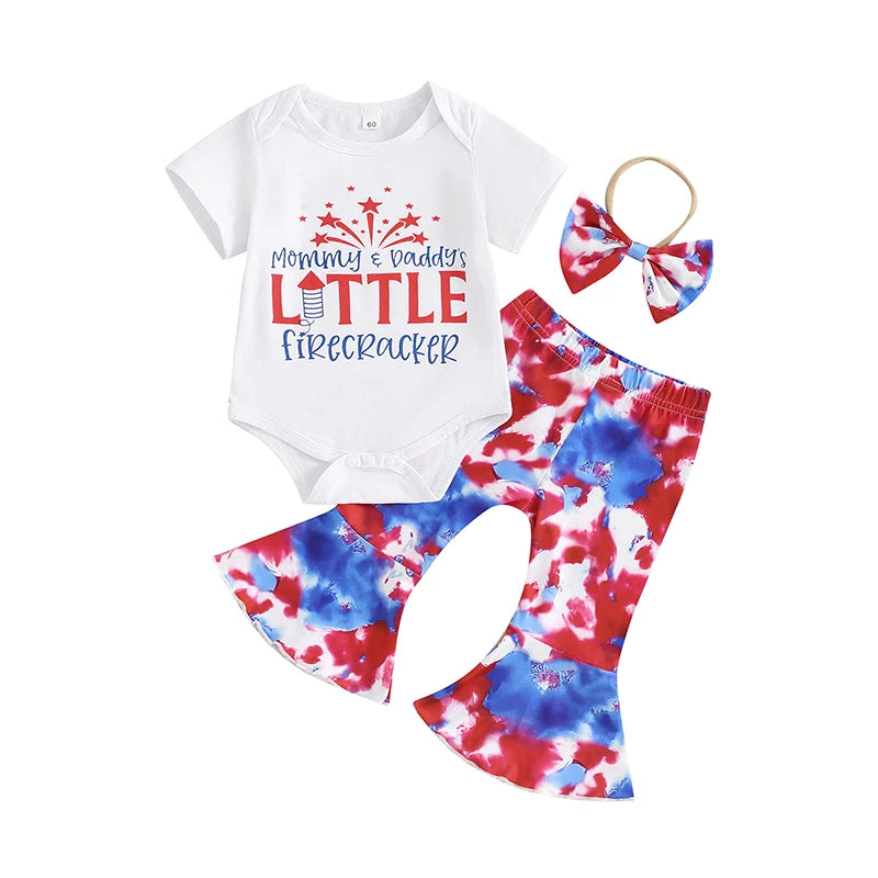 Girl's 3-Piece "Mommy & Daddy's Little Firecracker" 4th of July Onesie, Tie-Dye Pants & Bow Headband Sets