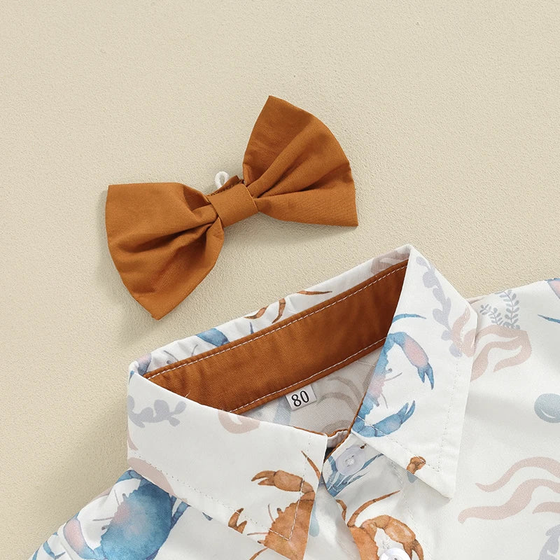 2-Piece Outfits! Boy's Rabbit & Ocean Print Button-Up Bow-Tie Collar Shirts  & Shorts Sets