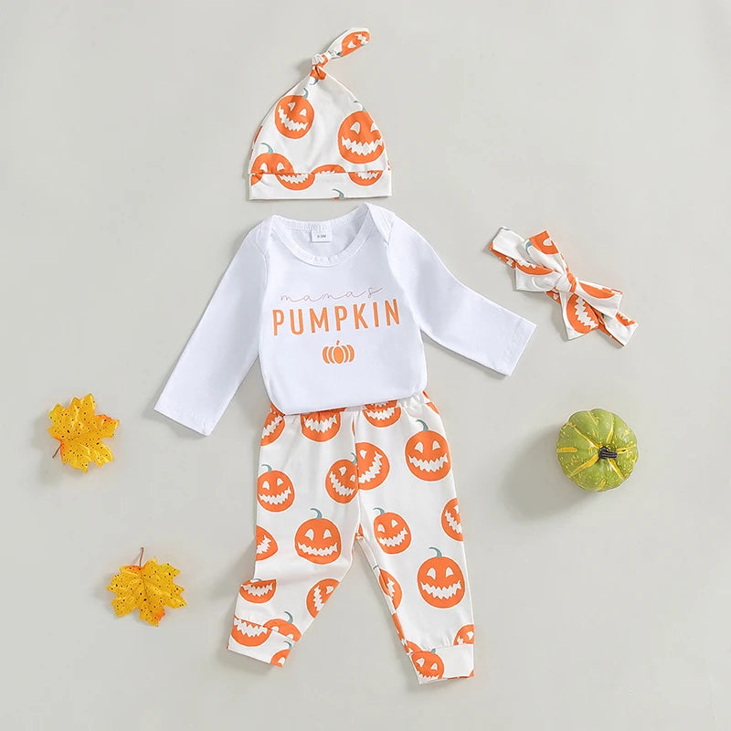 4-Piece Halloween Outfits! Girl’s Long Sleeve Pumpkin Onesie, Pants, Headband & Hat Sets