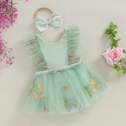 2-Piece Outfits! Girl's Sleeveless Embroidered Floral Tulle Overall Dress & Headband Sets