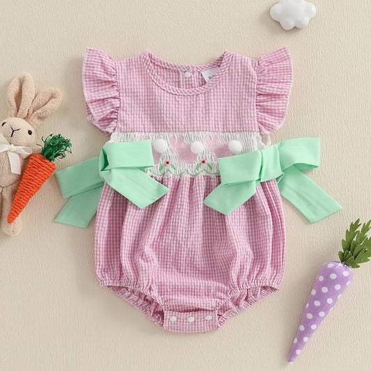 Girl's Fuzzy Bunny Tail Embroidered Solid & Plaid Easter Bow Rompers