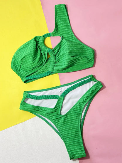 Green Bikini Set One Shoulder Push Up SwimsuitHigh Cut Hollow Swimwear Beach Summer Bathing Suit