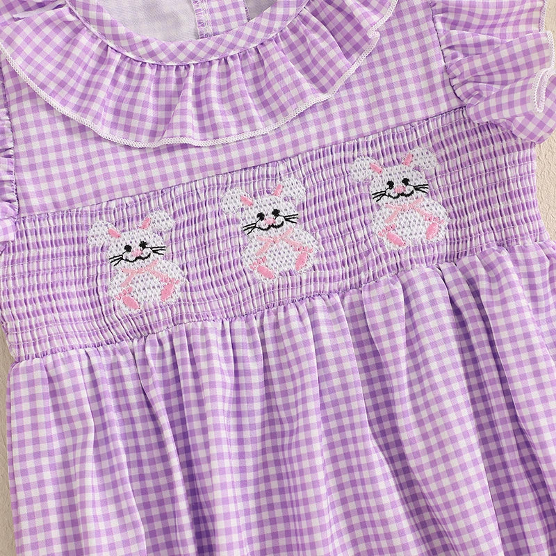 Girl's Embroidered Easter Bunny Plaid Ruffled Rompers