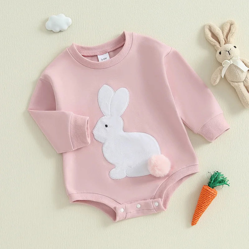 Girl’s Long Sleeve Easter Bunny Embroidered Sweatshirt Rompers