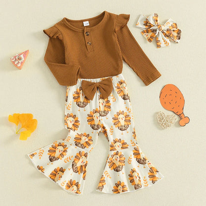 3-Piece Thanksgiving Outfits! Girl’s Long Sleeve Onesies, Pants, and Headband Sets