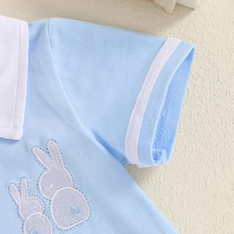 Boy's Easter Bunny Embroidered Jumpsuits with Turn-Down Collar