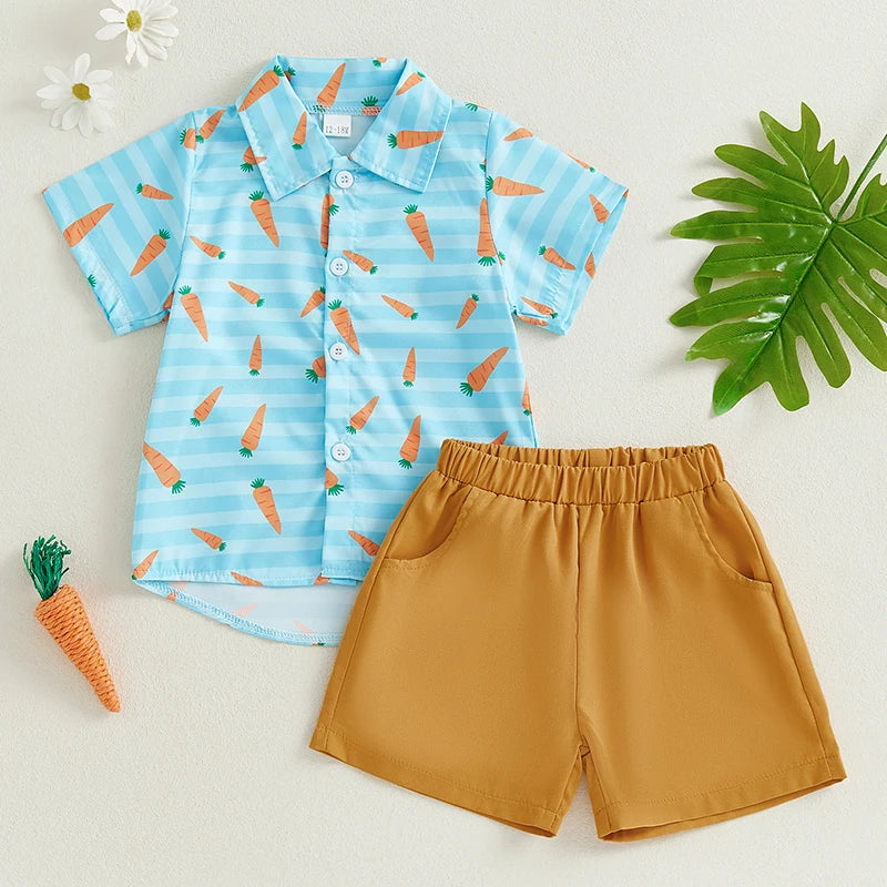 Boy's 2-Piece Easter Bunny/Carrot Button-Up Polos & Shorts Sets