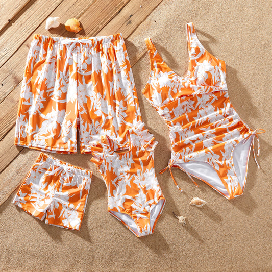 Family Matching! Orange Floral Drawstring Swim Trunks or Cross Front Drawstring Sides One-Piece Swimsuit