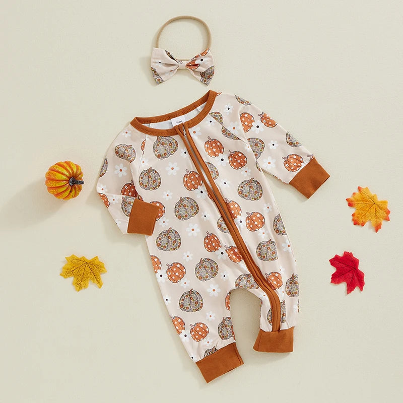 2-Piece Halloween Outfits! Girl’s Long Sleeve Pumpkin, Flower, Onesies & Headband Sets