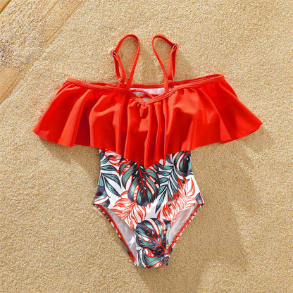 Family Matching! Swimsuit Allover Tropical Plants Print Swim Trunks Shorts & Spaghetti Strap Ruffle One-Piece Swimsuit