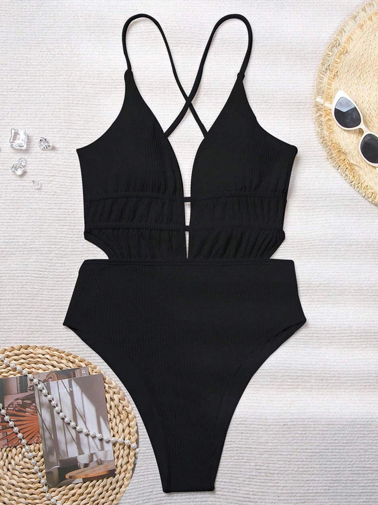 Black Strapped SwimwearPush UP Hollow One Piece Swimsuit Monokini Cross Backless Beach Bathing Suit