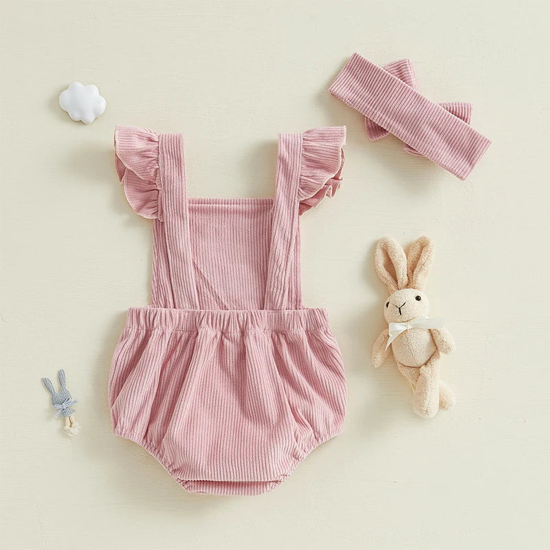 Girl's Fly Sleeve Embroidered Easter Bunny Romper & Headband Sets