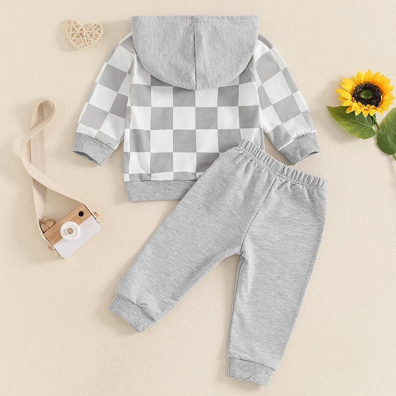 Boy's 2-Piece Hooded Checkerboard Sweatshirt & Pants Sets