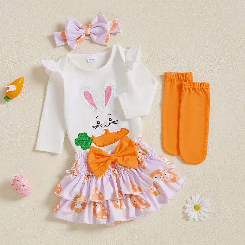 Girl's 4-Piece First Easter, Bunny Onesies, Bow Headband, Skirt & Socks Sets