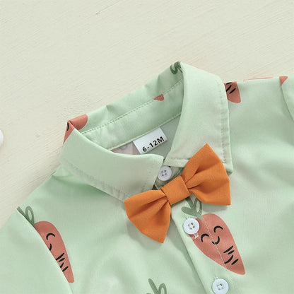 Boy's 2-Piece Easter Bunny/Egg/Carrot Bow-Tie Button Up Polos & Shorts Sets