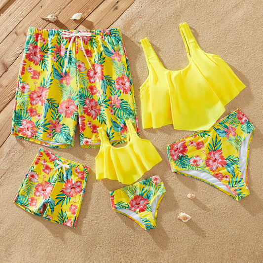 Family Matching! Yellow Tropical Drawstring Swim Trunks or Flowy Two Piece Bikini Swimsuit